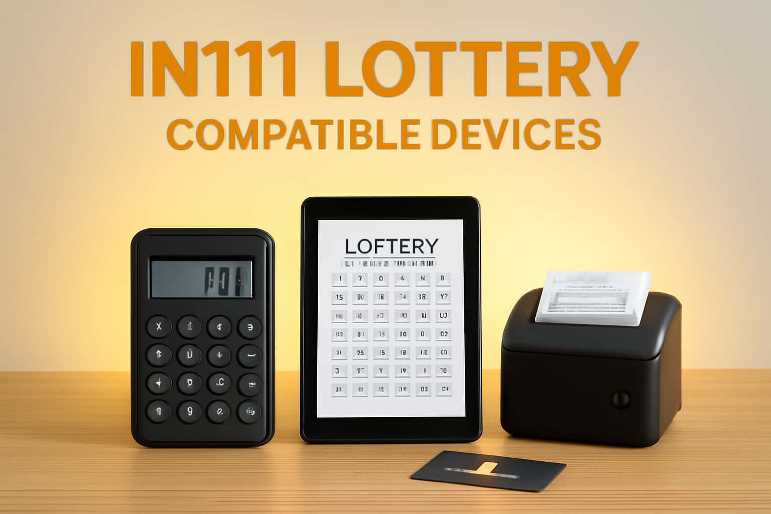 A professional representation of IN111 Lottery Compatible Devices showcasing various device types.