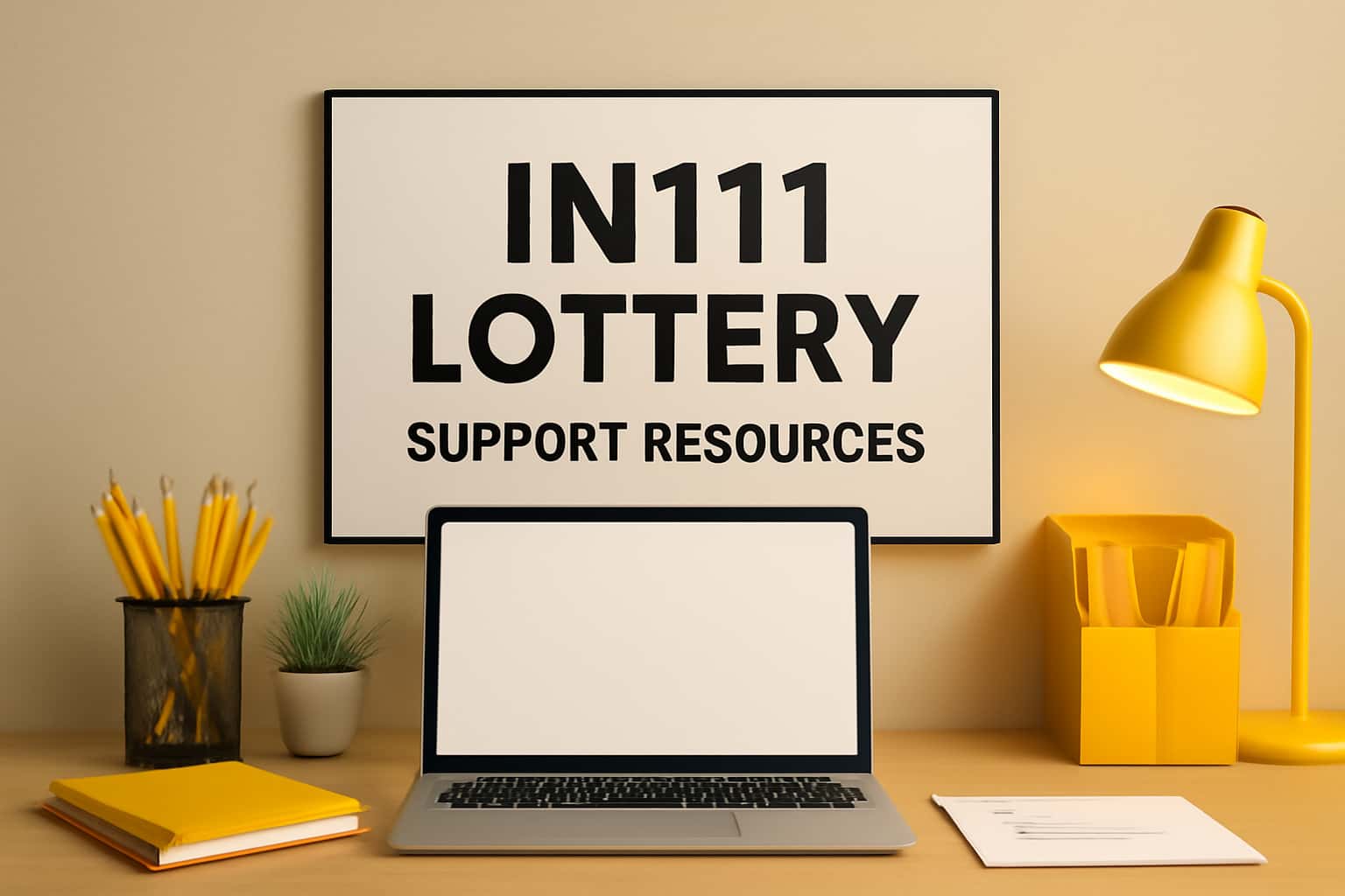 Informational scene depicting IN111 Lottery Support Resources with key support elements.